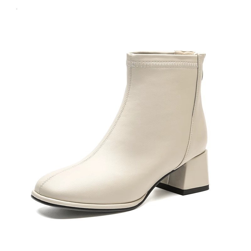 coarse heeled short boots for women 2024 spring and autumn single boots fashionable french high heels slim boots martin small round toe white womens b