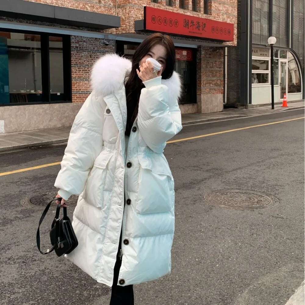 Female Feather Waterproof Winter Long Puffer 2024 Fashion Real Raccoon Fur Hooded White Duck Down Jacket Women