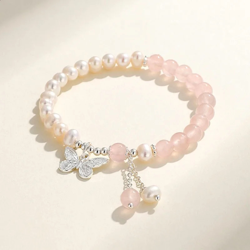 Minar Exquisite Silver Copper Contrast Natural Stone Crystal Freshwater Pearl Tassel Butterfly Chain Bracelet 241018