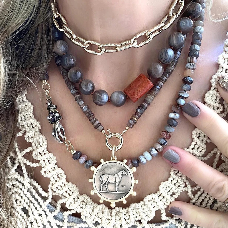 Natural stone womens collar ultimate cool childrens strand semi face bead antique gold-plated necklace 241017