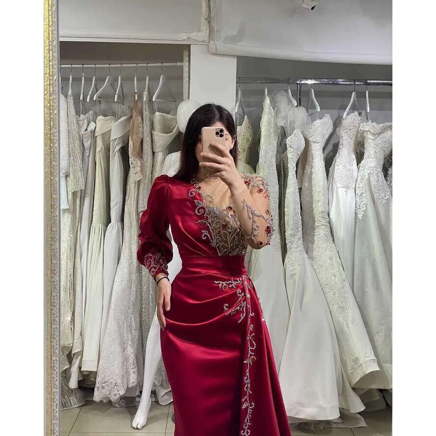 Crtsyal Beading Evening Vintage Prom Gowns With Tail Rhie Long Sleeve Custom Made Party Dresses 0719