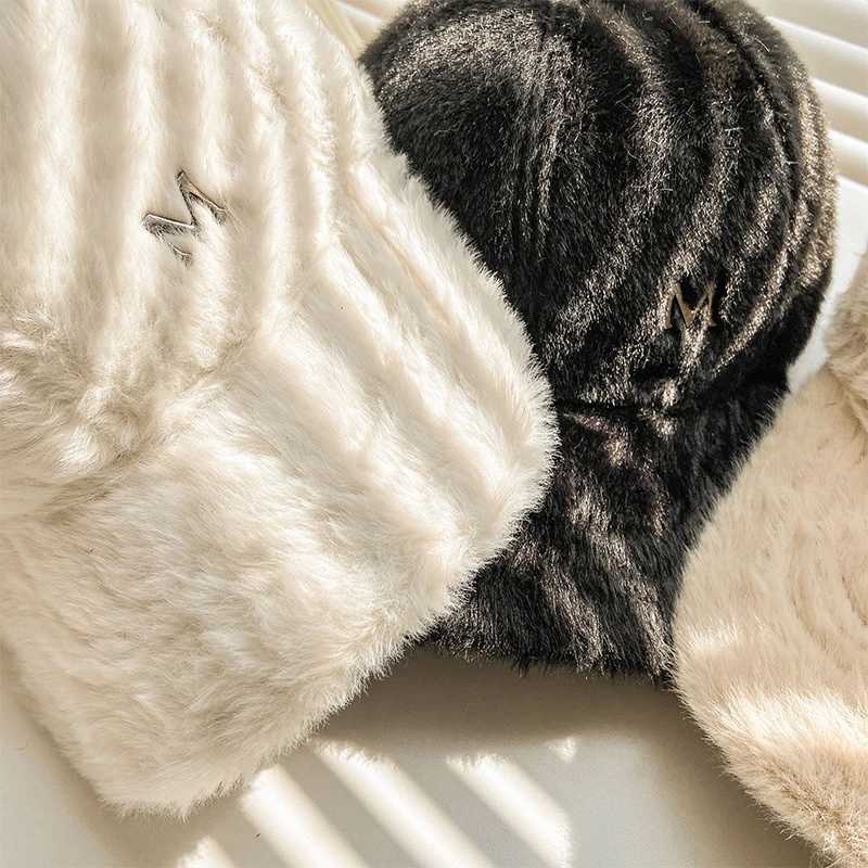M Letter Rabbit Fur Blended Cap Ins Tide Brand Female Autumn and Winter All-match Plush Hat Suitable for Face Big Baseball CapsX241018