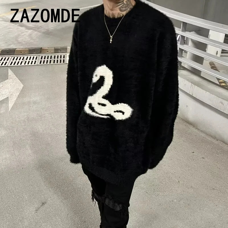 ZAZOMDE Y2k Gothic Print Man And Women Sweater Oversized Harajuku Korean Fashion Knitted Pullovers Snake Autumn Warm Streetwear 241018