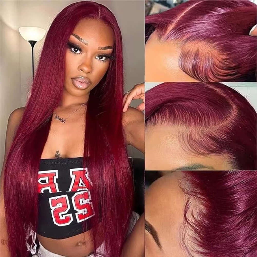 13x6 Silky Straight Lace Front Human Hair Wig For Women Pre Plucked 99J Burgundy Colored Lace Frontal Human Hair Wig Hot Selling