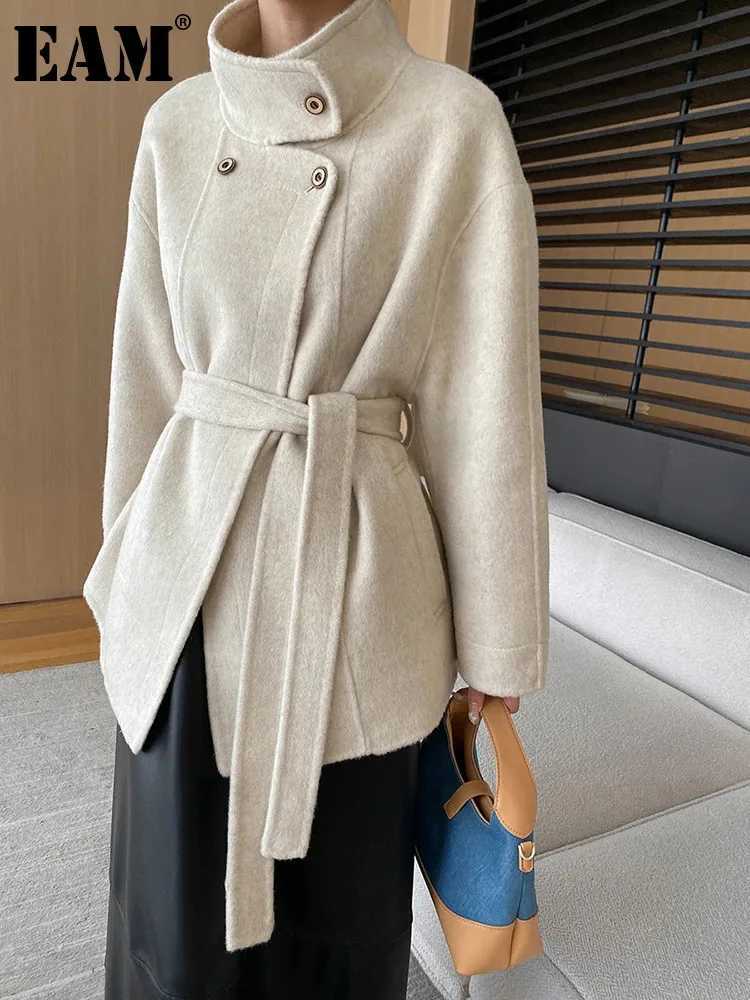 EAM Beige Belted Big Size Elegant Woolen Coat New Lapel Long Sleeve Women Jacket Fashion Tide Autumn Winter 2024 1DH7359X241009