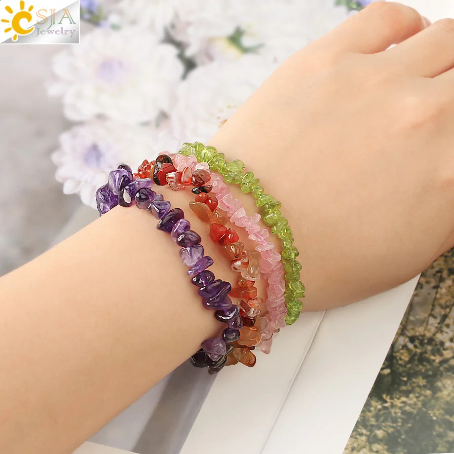 CSJA Irregular Chip Natural Stone Bracelet Asymmetric Bead Crystal Quartz Gravel Elastic Bracelet G365 241018