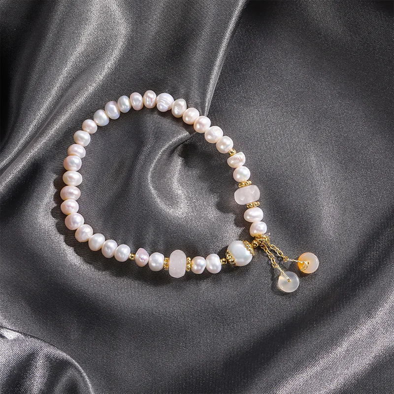 Minar Irregular Freshwater Pearl Pink Crystal Natural Stone Bead Tassel and Flat Buckle Bracelet 241018