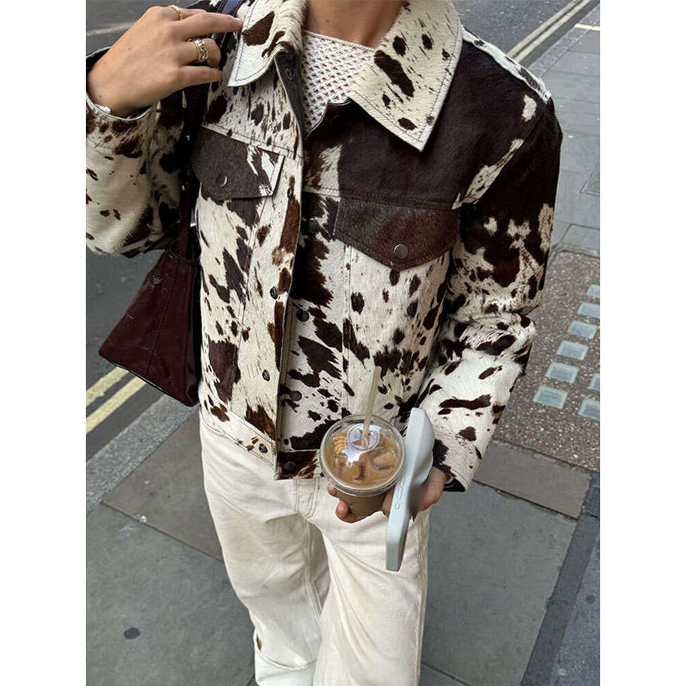 Vintage Printed Women's Snap Buttons Leather Jacket Fashion Lapel Long Sleeve Flap Pockets Short Coat 2024 Chic Lady Outerwear