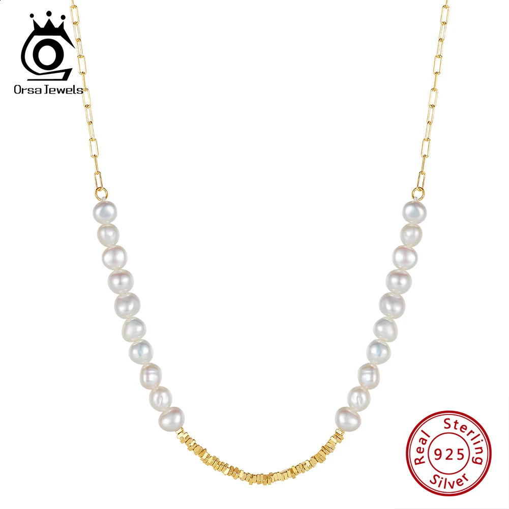 ORSA JEWELS Pearl Necklace 925 Pure Silver Chain 3.5-5mm Natural Freshwater Pearl Female Gold GPN68 241018