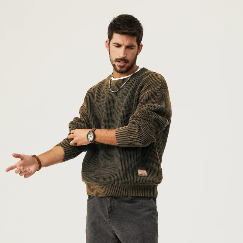 Autumn mens work style knitwear casual loose large size gradient sweater patch round neck pullover tops 241018