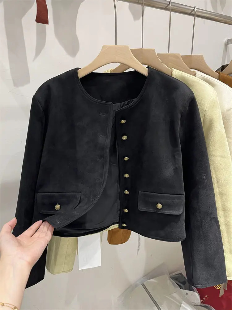 Short Coat Suede Small Fragrance Spring WomenS French Round Neck Solid Color Casual Top Autumn 241018