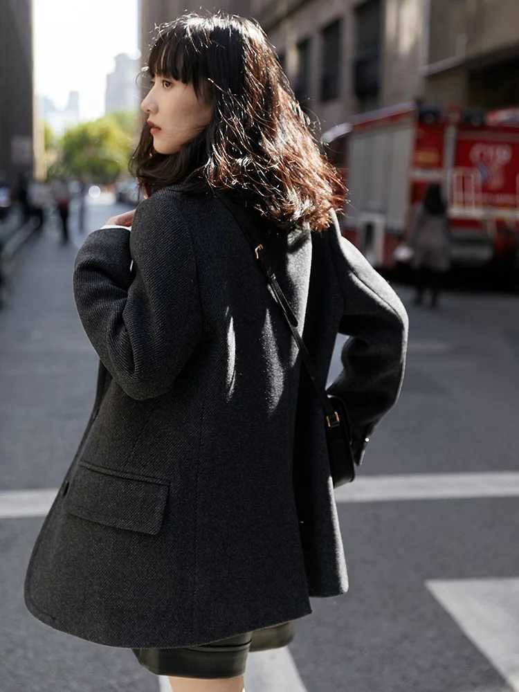 Winter Korean Woolen Suit Coat Thick Single Breasted Women Mid Length Jackets Warm New Loose Vintage Wool Blend Casaco OvercoatX241009