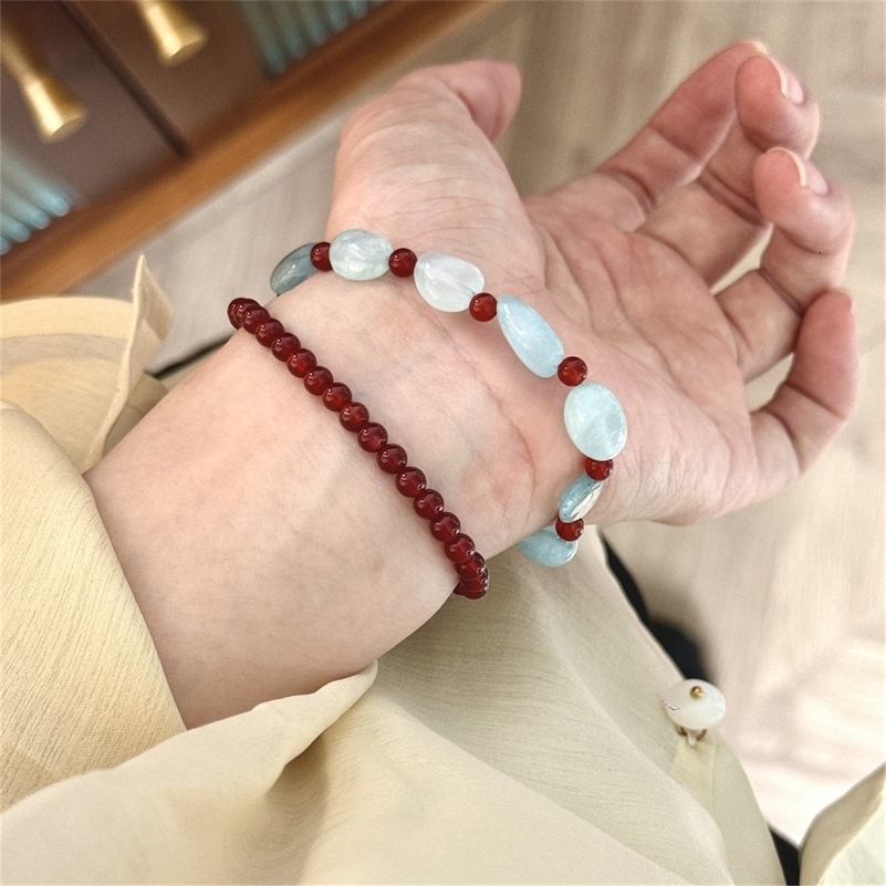 Natural aquamarine gemstone red agate irregular bead necklace for women Bohemian handmade bluestone bracelet jewelry set 241017