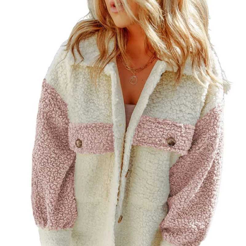 Autumn Winter Fashion Turn-down Collar Long Sleeve Patchwork Color Blocking Lamb Wool Coats Womens Clothing Casual Button TopsX241018