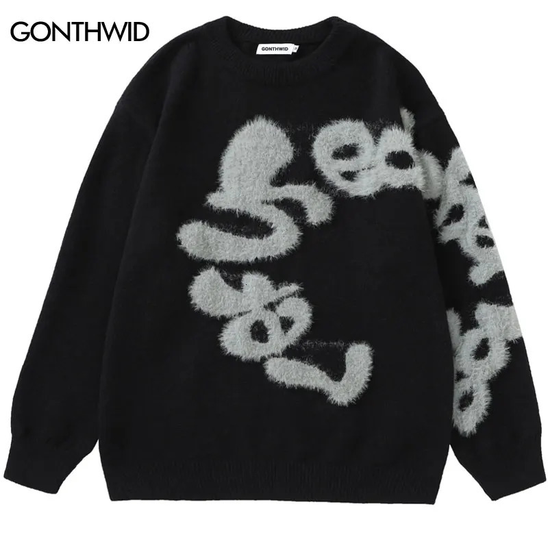 Harajuku Fluffy Letter Sweater Hip Hop Knitted Jumpers Streetwear Men Fashion Casual Loose Pullover Sweaters Knitwear 241018