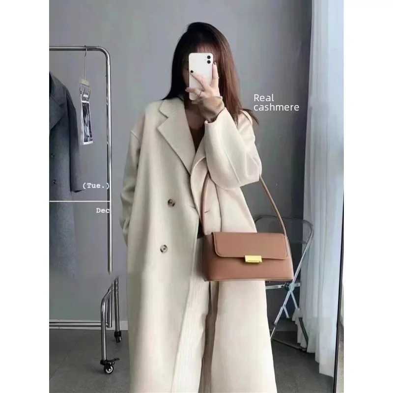 Winter Womens Double-sided Cashmere Woolen Coat Medium-length Hertogin Style OvercoatX241009