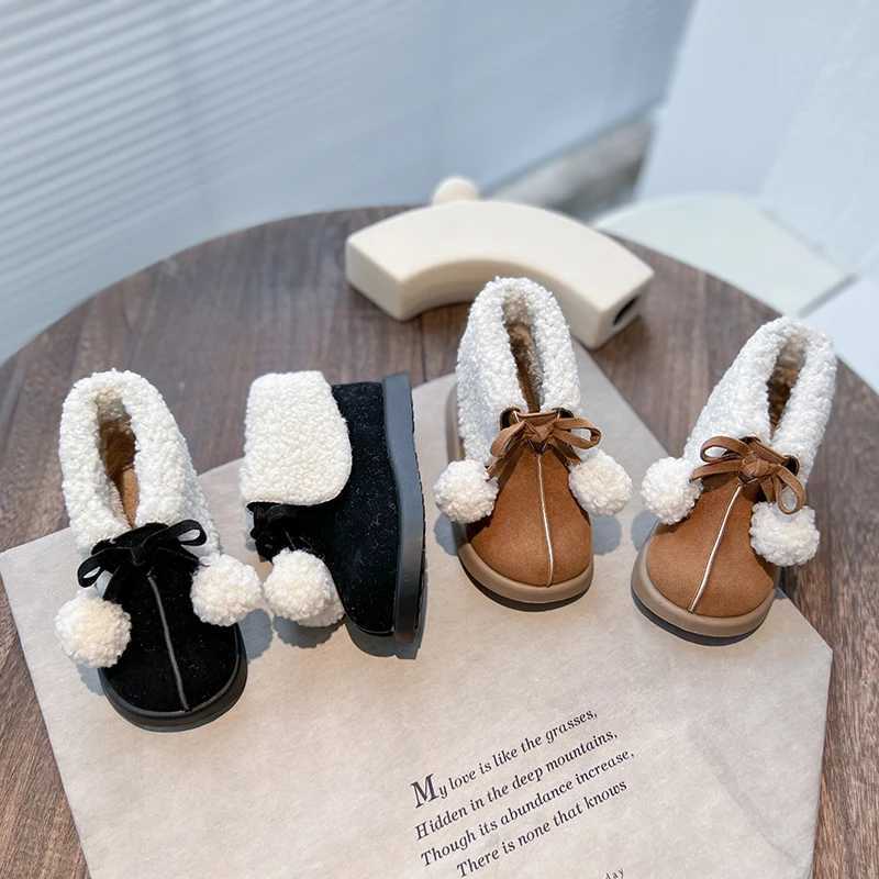 Boots Korean Style Children Girls Snow Boots 2023 Winter New Kids Fur Ball Classic Fashion Boys Casual Boots Simple Non-slip Flats H241018