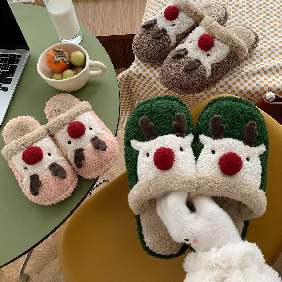 Cute Deer Cartoon Cotton Slippers for Women - Soft Warm Plush Home Shoes