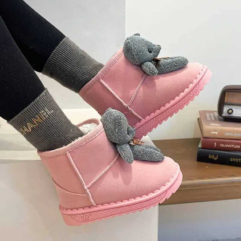 Boots Childrens Thick Plush Snow Boots Winter 2024 New Girl Cute Cartoon Bear Cotton Shoes Princess Warm Flat Ankle Boots H241018