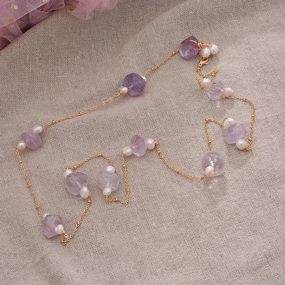 Original handmade 14K gold filled natural freshwater pearl large irregular amethyst womens long necklace womens sweater chain 241018