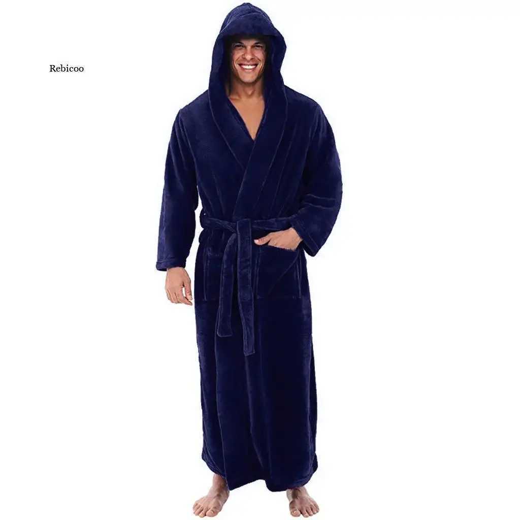 Mens Autumn Winter Thick Long-sleeved Bathrobe Comfortable Hooded Robe Nightgown Bath Gown Sleepwear Nightwear CoatsXJ241018