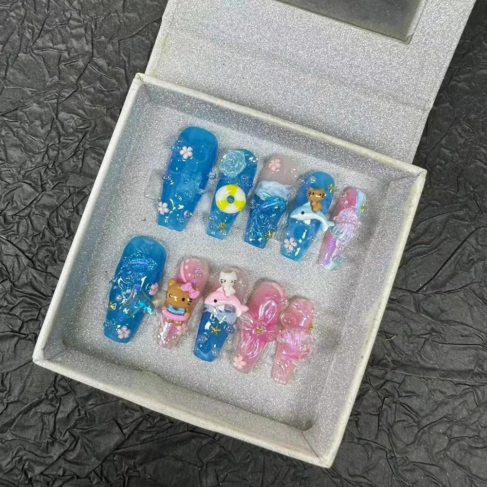 Hellokitty Love Pearl Leopard Print false Nails Pure Handmade European and American Five-Pointed Star Press-On Nails Party Gift 241017