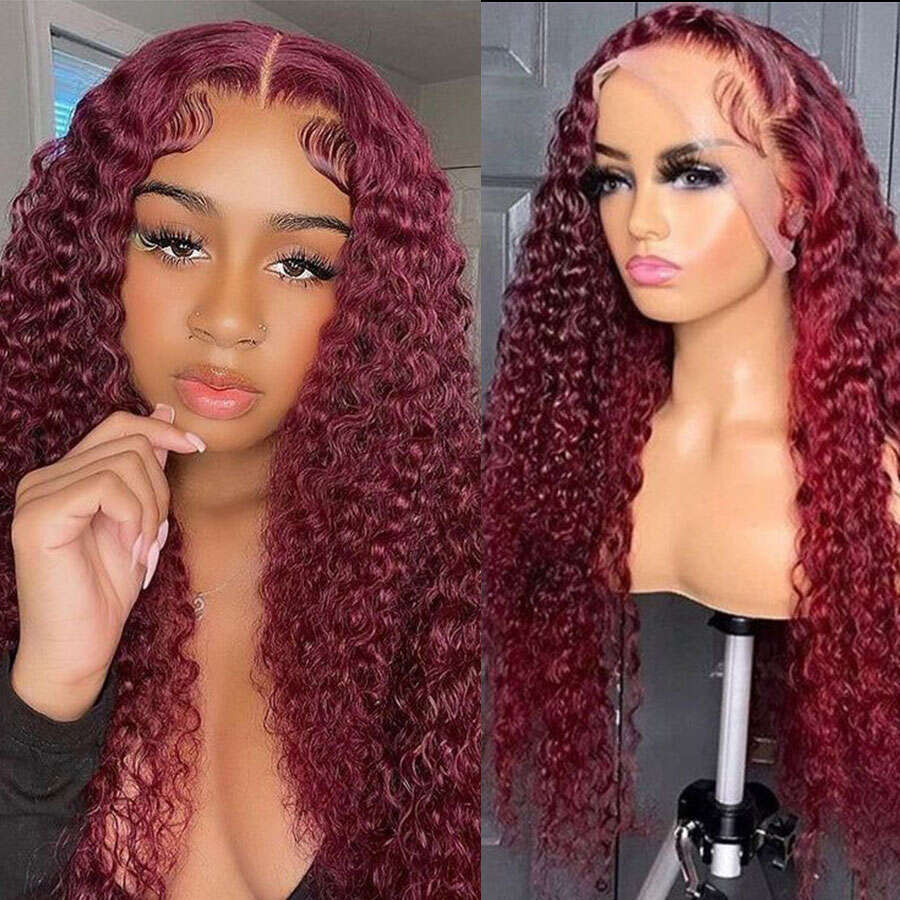 99J Bury 13x6 HD Frontal Wigs Colored Curly Human Hair Red Deep Wave 4x4 Lace Front Closure Wig 30 Inches