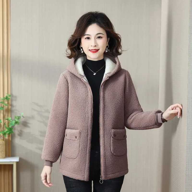 Lamb Wool Coat Womens Middle-Aged MoM Winter Plush Cotton Hoodie Jacket Female Warm Large Size Polar Fleece OutewearX241018