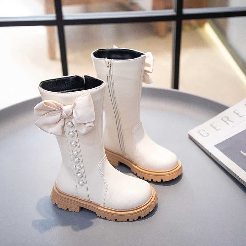 Boots Girls High Boots with Bow-knot Non-slip Fashion Children Pearls Elegant Princess Boots Side Zipper Kids Leather Long Boots H241018