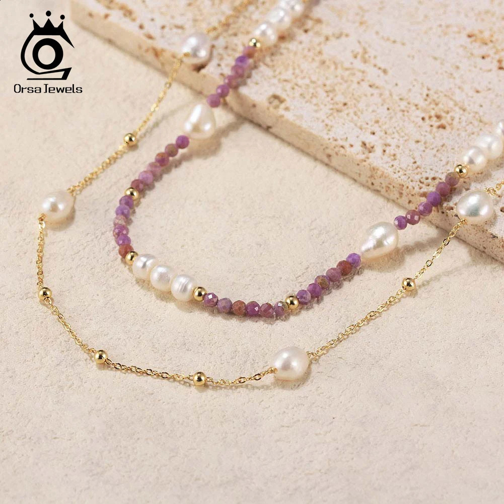 ORSA JEWELS Sweet Necklace 100% 925 Silver Layer Pink Pearl Stone Girl Necklace Pearl Necklace Wholesale MPN01 241018