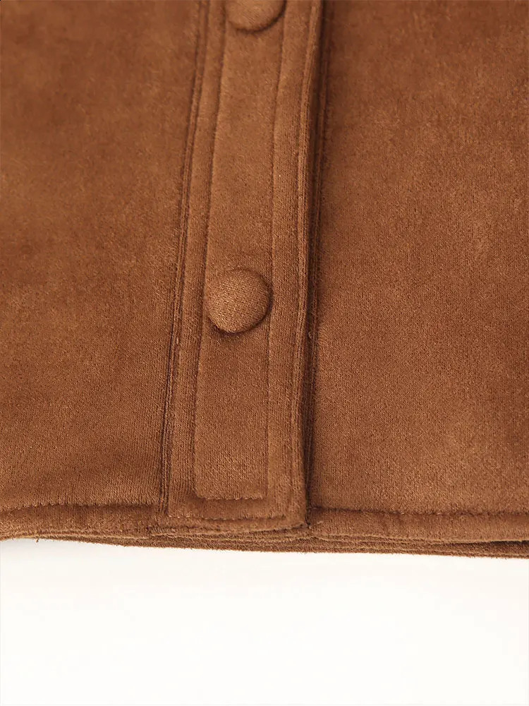 TRAF Autumn Winter Brown Womens Slim Fit Suede Short Jackets Fashion Single Breasted Long Sleeves Cropped Coats Lady Streetwear 241017