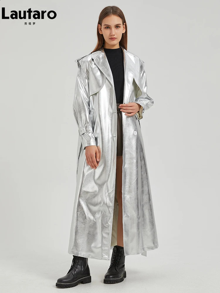 Lautaro Autumn Extra Long Gold Shiny Patent Pu Leather Trench Coat for Women Single Breasted Overcoat 2024 241018