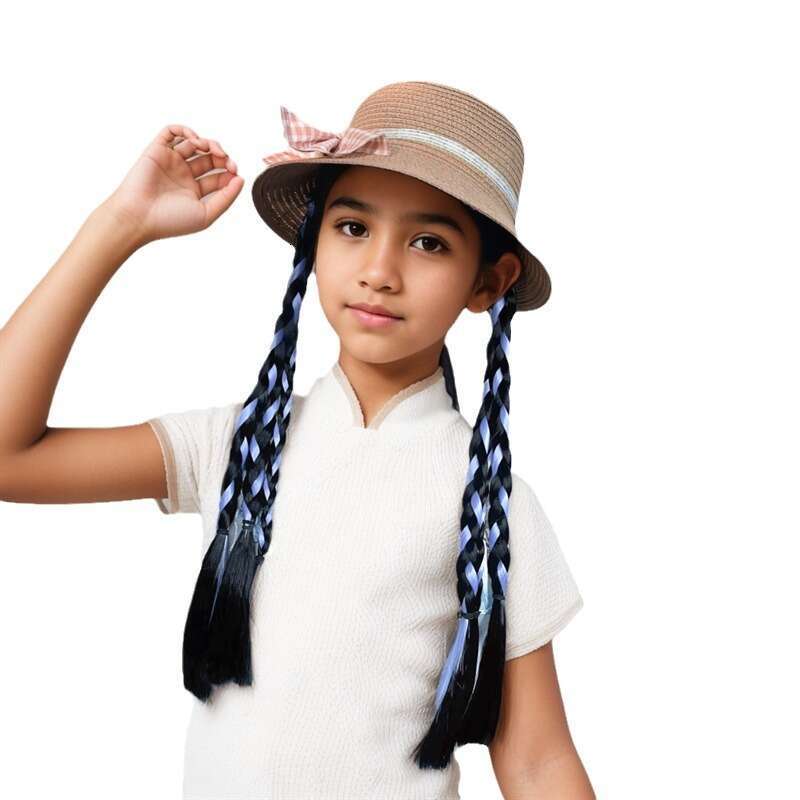 Children's Wig, Female Fisherman's Hat, Cross Dyed Fried Dough Twists Braid, Integrated Imitation Hair, Ponytail