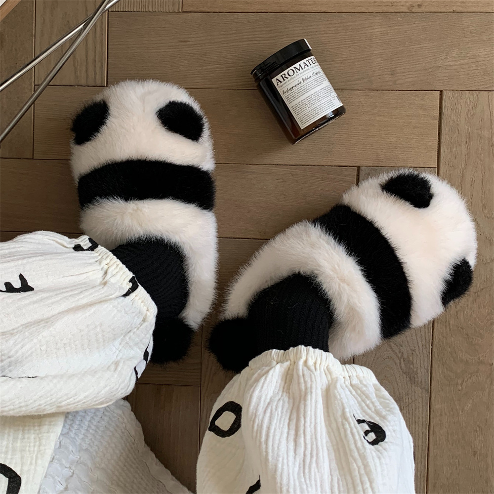 2024 New Women's Winter Designer Cartoon Cute Panda Plush Head Cotton Slippers Indoor Warm Soft Bottom Shoes Free Shipping