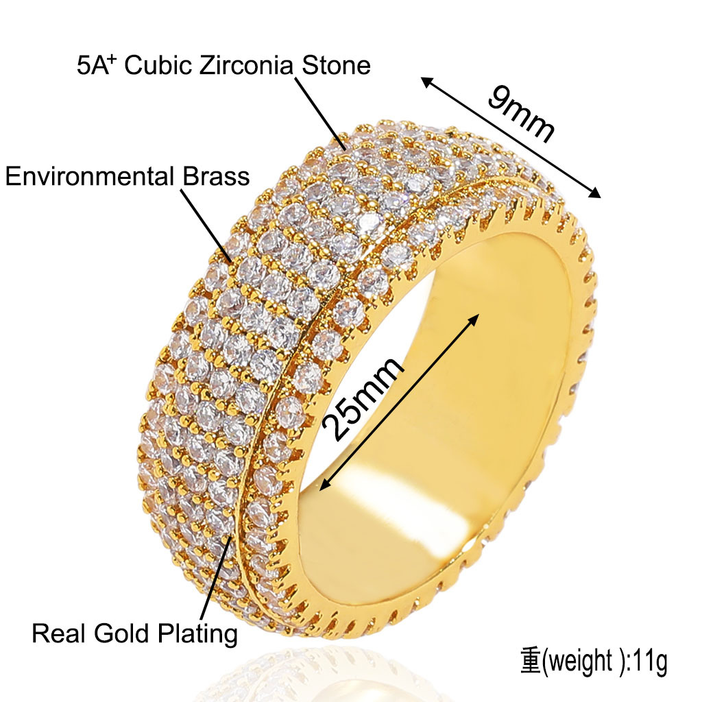Hip Hop Five Rows Zircons Ring 18K Real Gold Plated Mens Finger Ring Jewelry