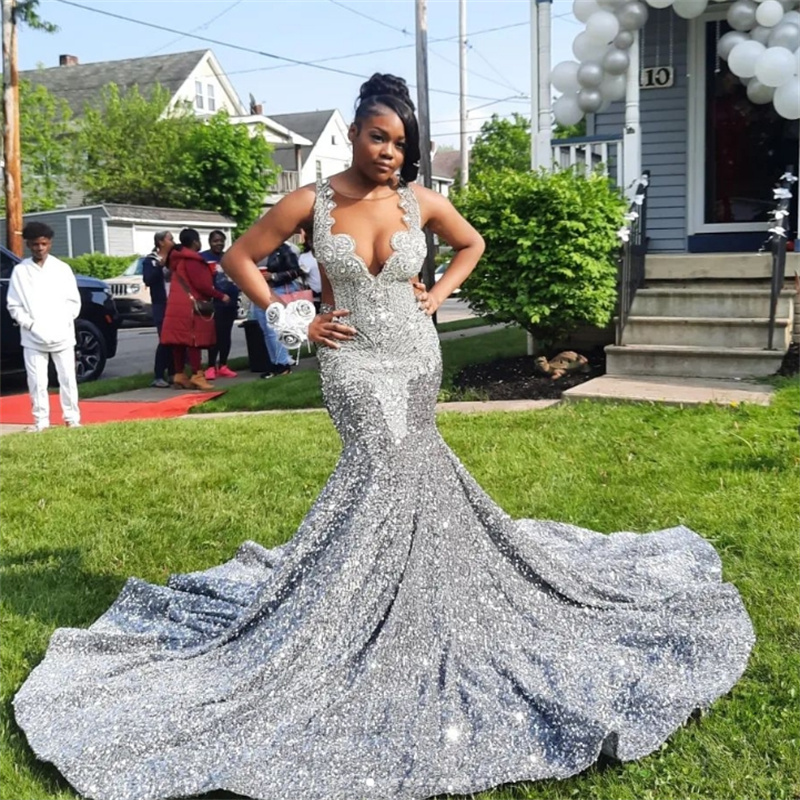 Silver Sparkly Prom Dresses Full Sequined Beaded Crystal Mermaid Evening Dress With Sweep Train Backless Formal Occasion Birthday Dress Shine Vestio D