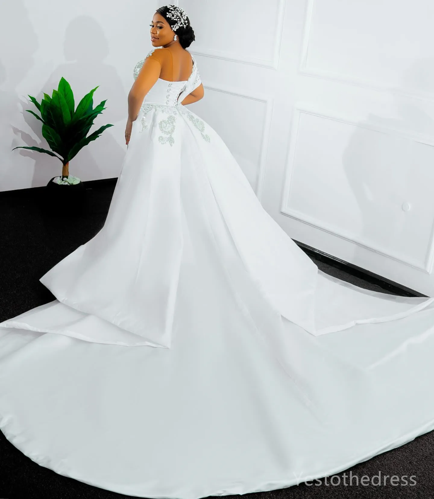 Mermaid Wedding Dress For Bride Bridal Gowns With Detachable Train One Shoulder Rhinestones Beaded Satin Wedding Gowns for African Black Women Marriag