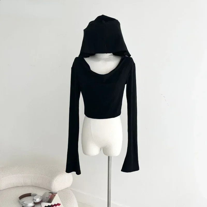 Gothic Black Tshirts for Women Y2k Crop Tops Shirts 2024 Summer Hooded Long Sleeve Tees Korean Fashion Casual Sexy T Shirt 241010