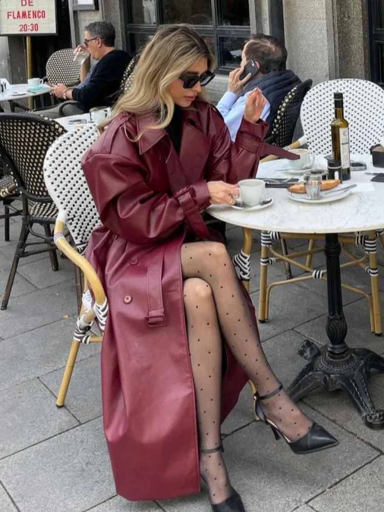 2024 Chic Burgundy Lace Up Oversized Leather Long Coats Womens Elegant Double Breasted Solid Jackets Lady Chic Outerwear 241017