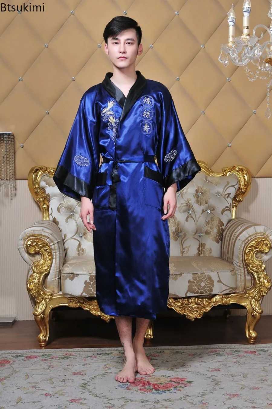 New2024 Chinese Style Embroider Dragon Robes Casual Satin Pajamas Robe Man Females Tang Suit Couple Kimono Bathrobe Home ClothesXJ241018