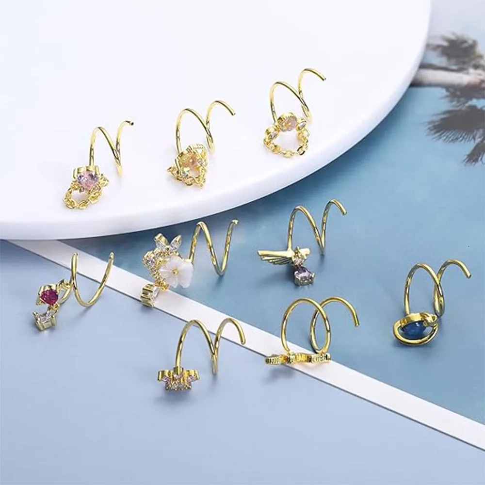 Drperfect 9Pcs Stainless Steel Dangle Double Nose Ring for Single Piercing Dangling Nose Spiral Hoops Double Earrings for Women 241007