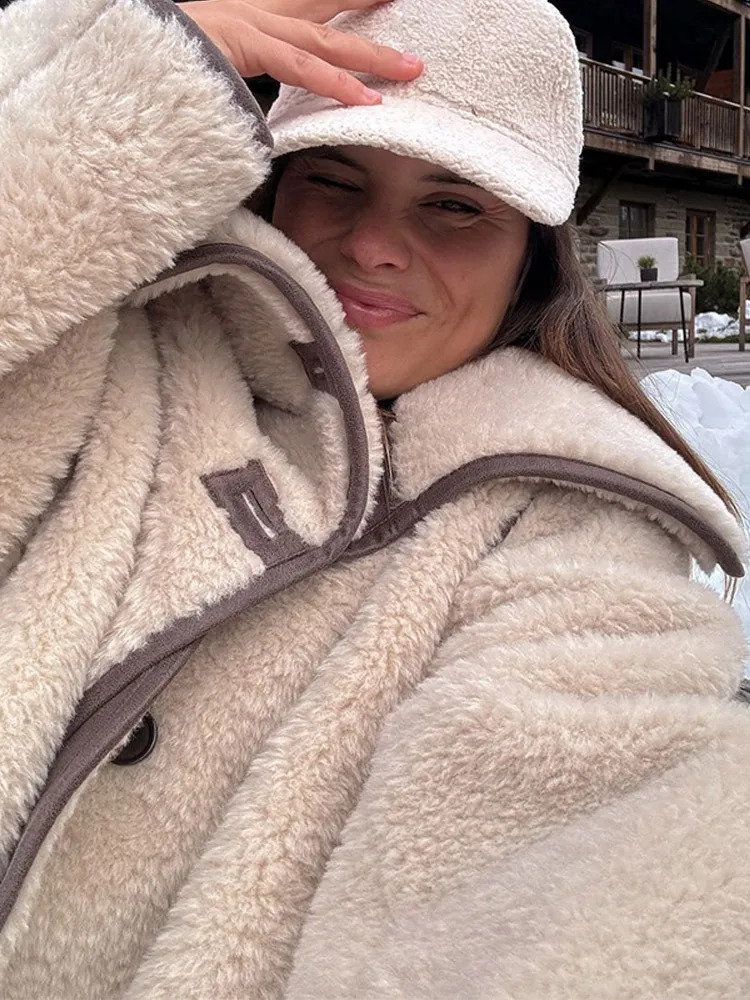 Fashionable Sherpa leather button patch work jacket elegant lapel long sleeved warm jacket winter womens fashion street commuting jacket 241008