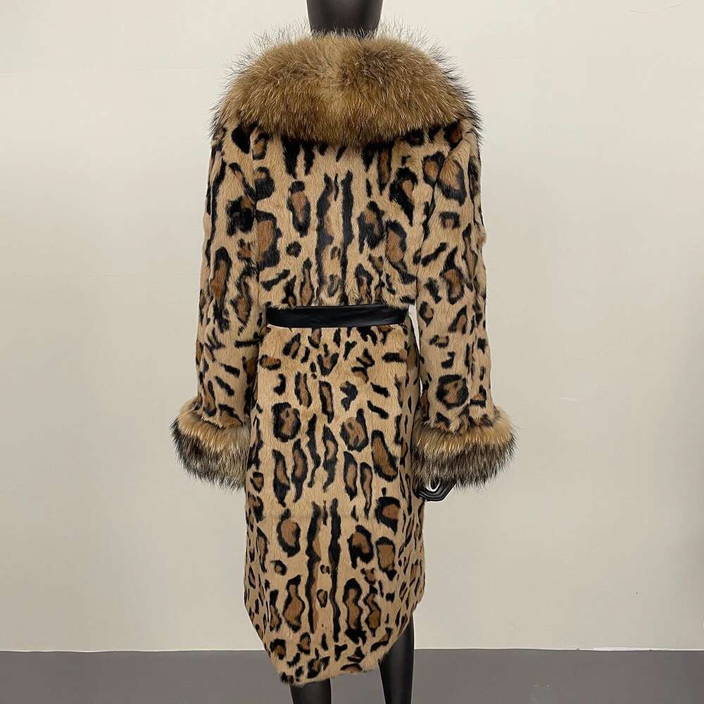 Fashionable Leopard Print Long Fox Collar Jacket One-Piece Thickened Warmth 2024 Autumn Winter Real Rabbit Fur Coat Women