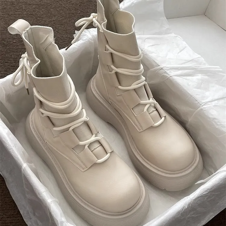 Designer Boot White Womens Boots British-Style Martin - Thick Sole Elevating Lace-Up Ankle Women's Martin Boots