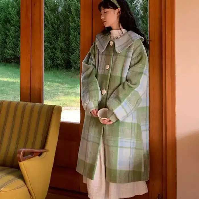 Woolen Coat Loose Fit Plaid Green Button Design Doll Collar Big Size Long New Long Sleeve Women Fashion Tide Autumn Winter 2023X241009