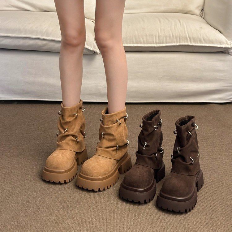 Metal buckle Martin boots, women's thick soled Western cowboy boots, 2024 new model, thick heel motorcycle short boots, pile up boots