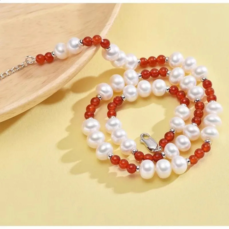 Minar Chinese style red agate natural stone freshwater pearl bead necklace suitable for women silver plated copper chain necklace 241018
