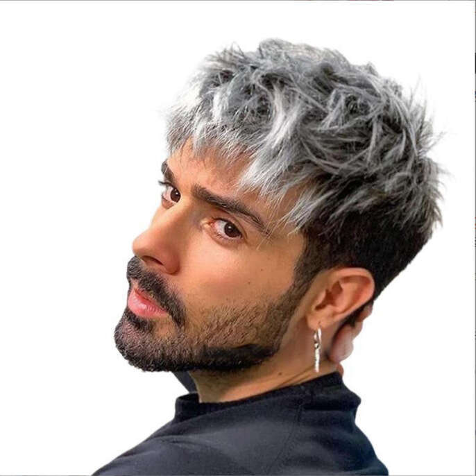 Wig Split Short Hair, High Temperature Silk Fashion Styling Wig Gray Men's Hair