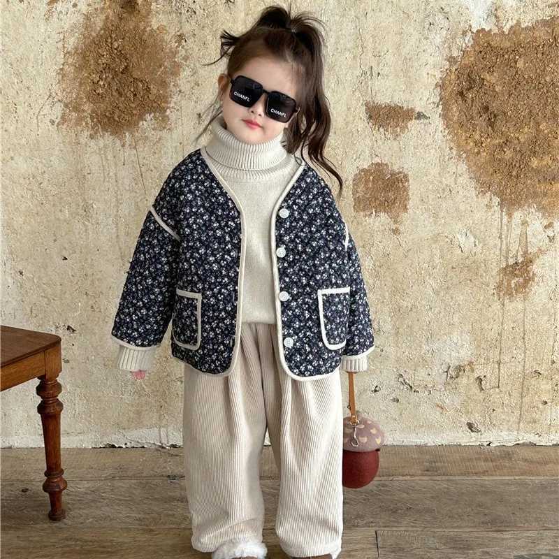 Girls Coat Winter New Korean Style Childrens Clothing Girls Flower Bedding Lightweight Cotton Clothing Retro Flower Coat M241018