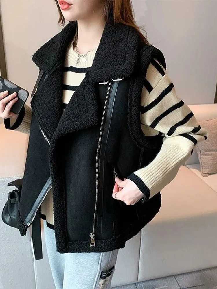 BZVW Leather And Fur Integrated Vest For Women Lapel Zipper Design Contrast Color Lamb Woolen Coats Winter 2024 New 25A8897X241018